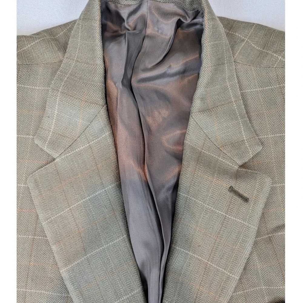 Izod of London Tan 38R Linen Window Pane Plaid Blazer Sport Mens‎ Suit Jacket